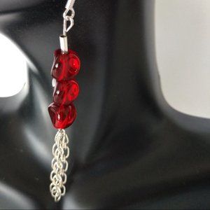 Handmade Red And Silver Dangle Earrings with Beads and Chains on Hooks 3.5 Inch